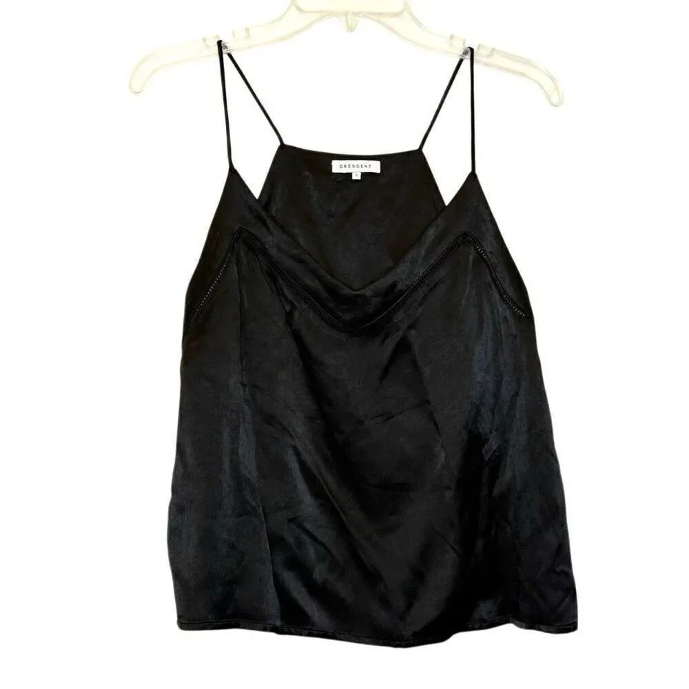 Crescent V-Neck Sleeveless Crochet Trim Black Camisole Tank Top Size Small